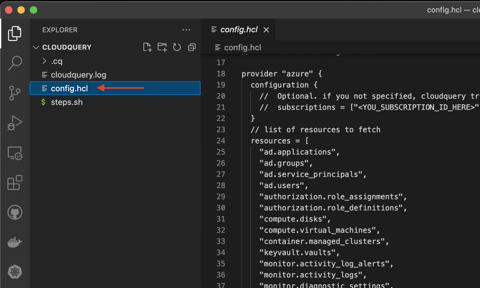 cloudquery init generates the config.hcl file